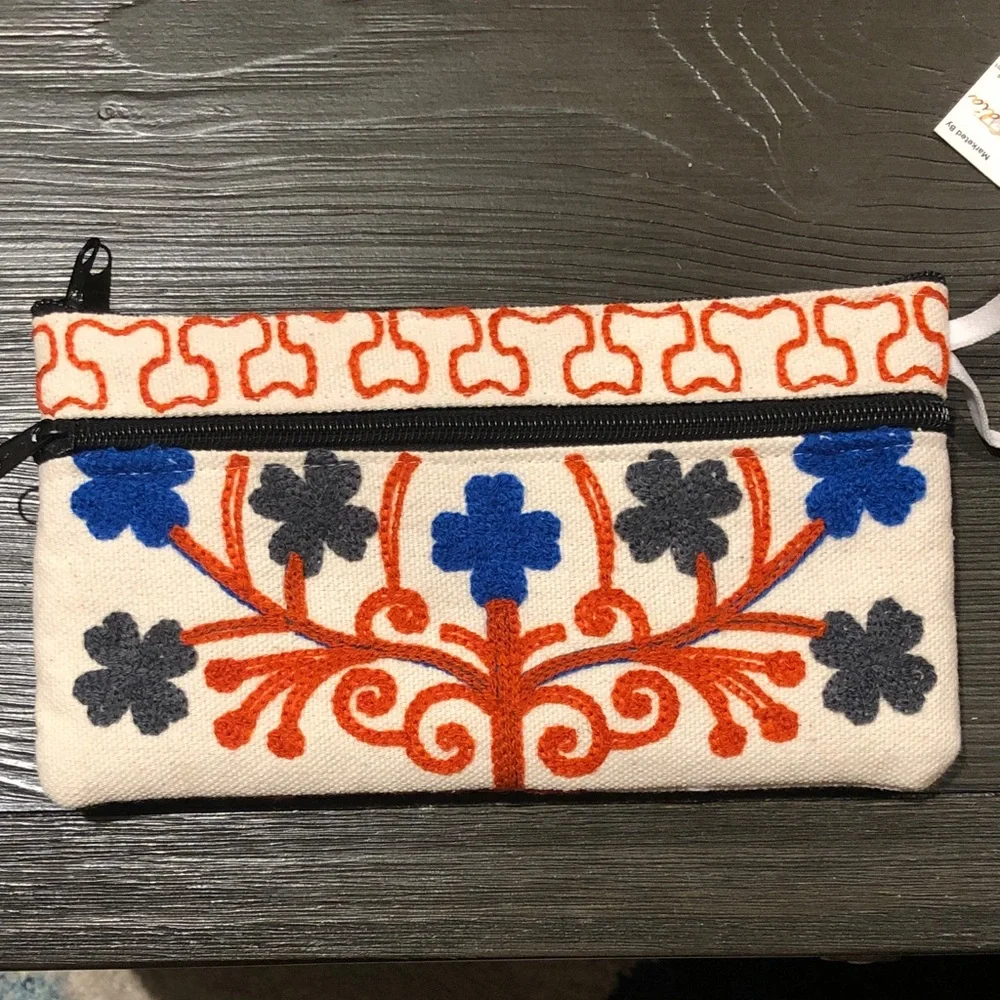 Embroidered Floral Canvas Wristlet Clutch in Cream, Blue & Orange